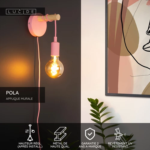 Lucide POLA - Applique murale Chambres d'enfant - Ø 12 cm - 1xE27 - Rose - USP